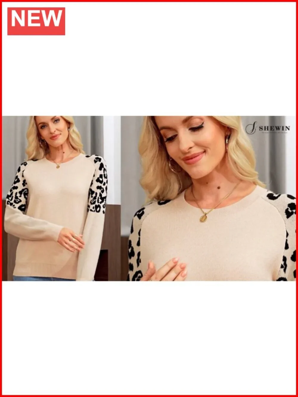 Raglan Sleeve Leopard Knit Pullover Sweater Loose Fit Fall Winter